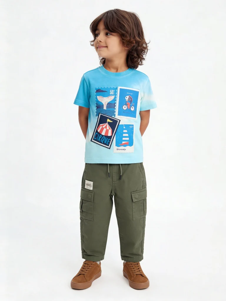 HOP Kids Boys Olive Solid Relaxed-Fit Cotton Cargo Pants
