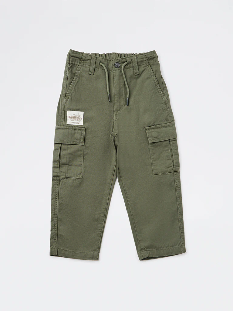 HOP Kids Boys Olive Solid Relaxed-Fit Cotton Cargo Pants - Image 4