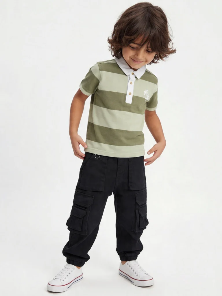 HOP Kids Boys Olive Striped Cotton Polo T-Shirt
