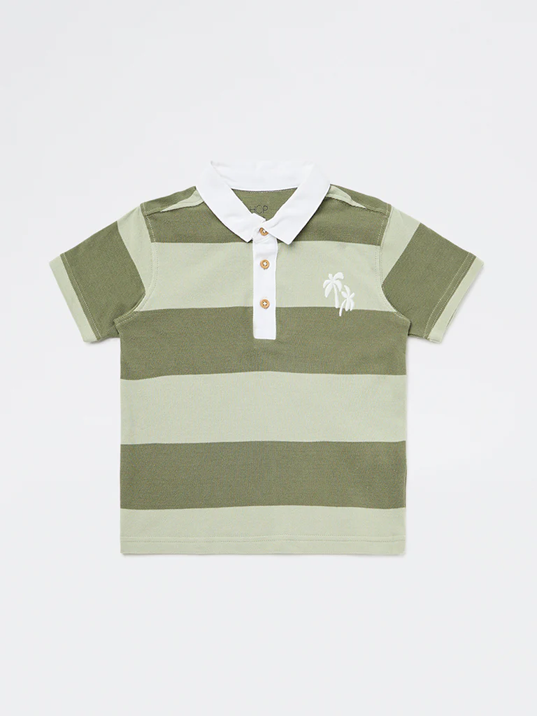 HOP Kids Boys Olive Striped Cotton Polo T-Shirt - Image 4
