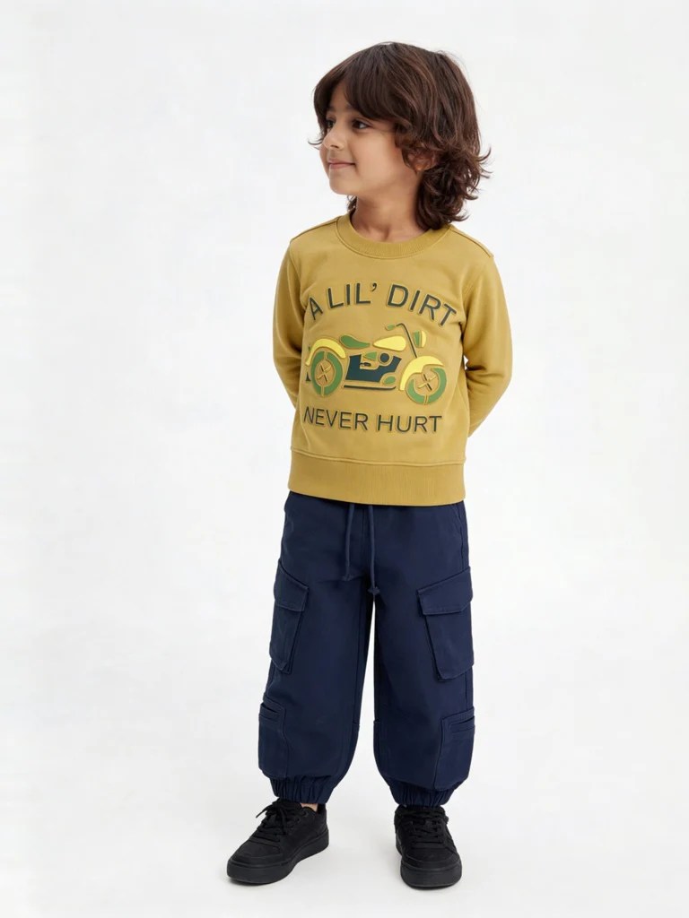 HOP Kids Boys Olive Text Embossed Cotton-Blend Sweatshirt