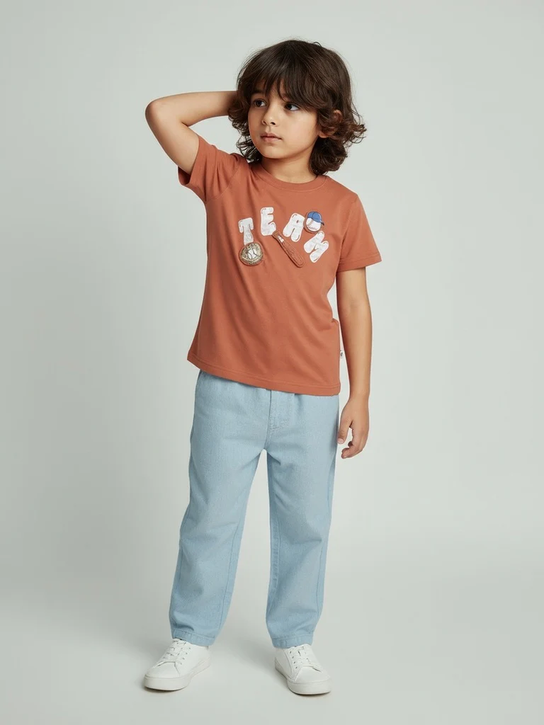 HOP Kids Boys Orange Baseball-Themed Cotton T-Shirt