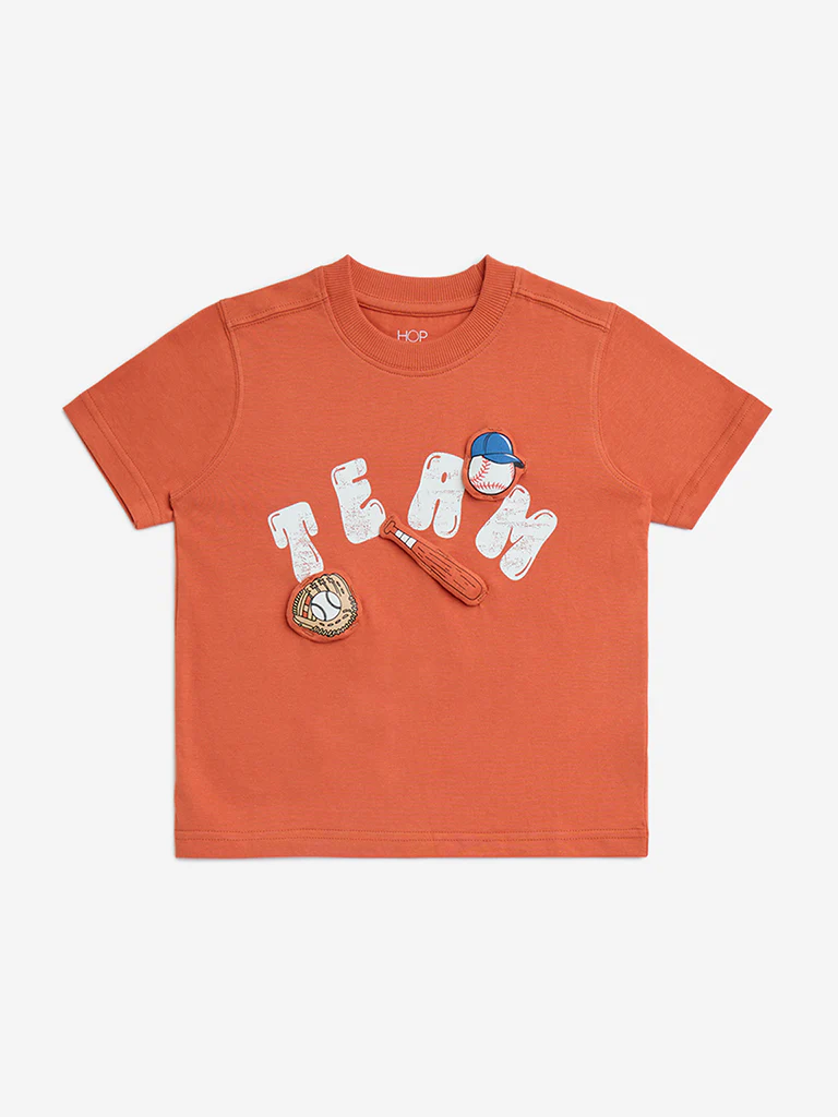 HOP Kids Boys Orange Baseball-Themed Cotton T-Shirt - Image 3