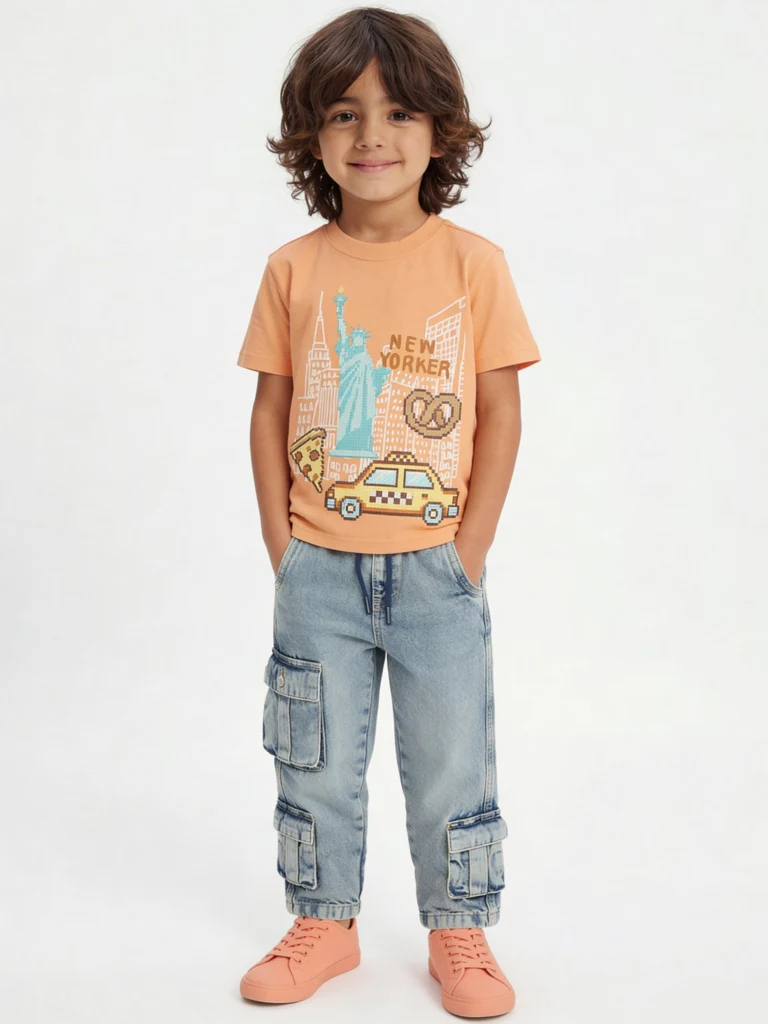 HOP Kids Boys Orange Cityscape Printed Cotton T-Shirt