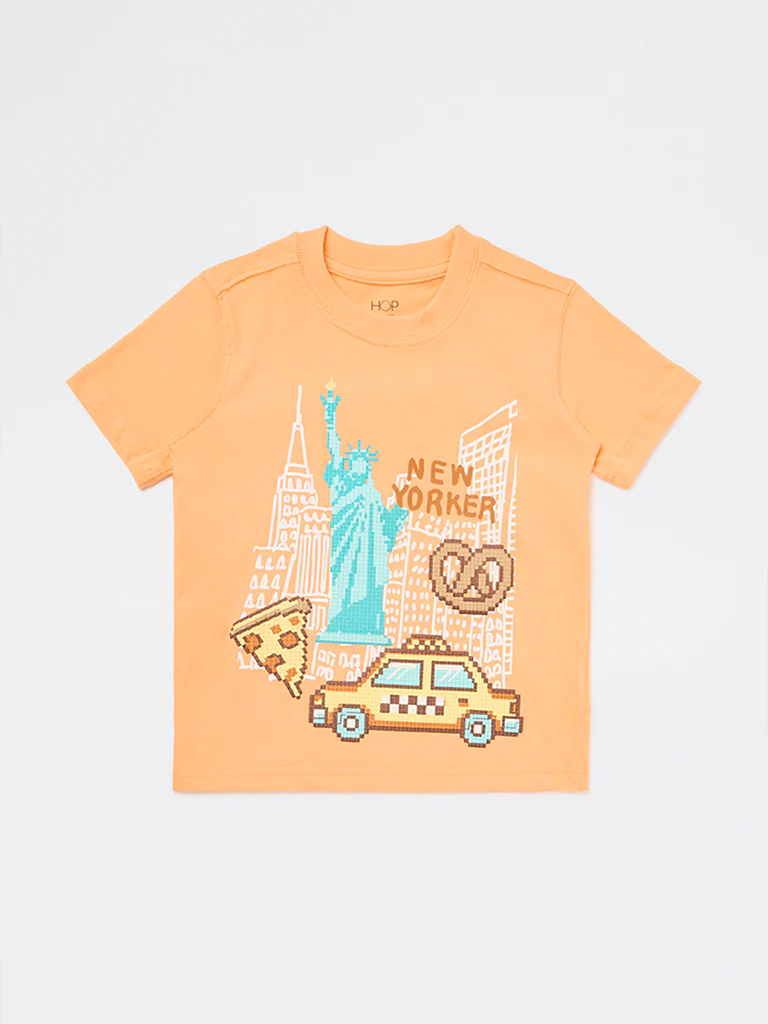 HOP Kids Boys Orange Cityscape Printed Cotton T-Shirt - Image 4