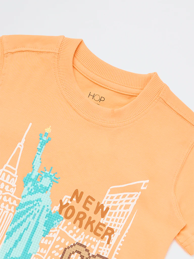HOP Kids Boys Orange Cityscape Printed Cotton T-Shirt - Image 6
