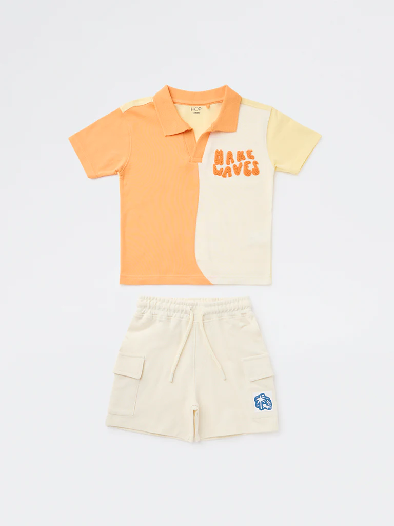 HOP Kids Boys Orange Colour-Blocked Cotton T-Shirt and Shorts Set