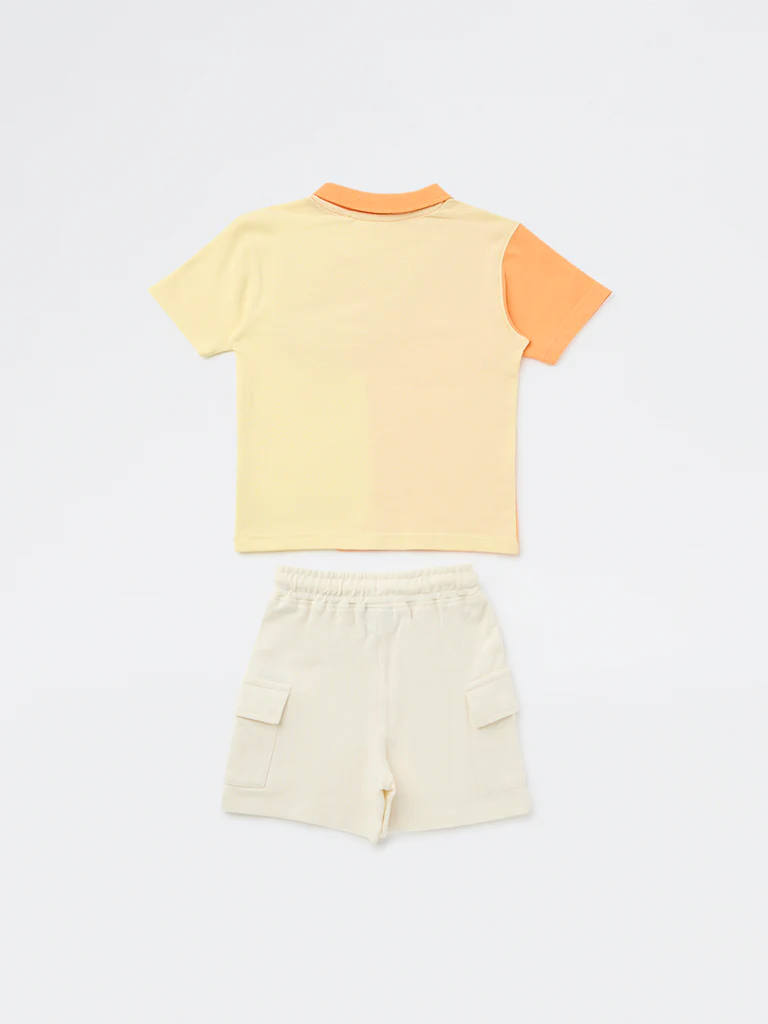 HOP Kids Boys Orange Colour-Blocked Cotton T-Shirt and Shorts Set - Image 2