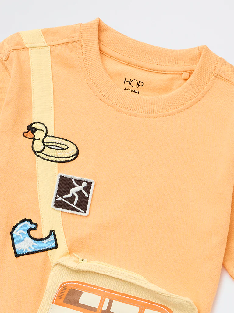 HOP Kids Boys Orange Pouch-Detailed Cotton T-Shirt - Image 5