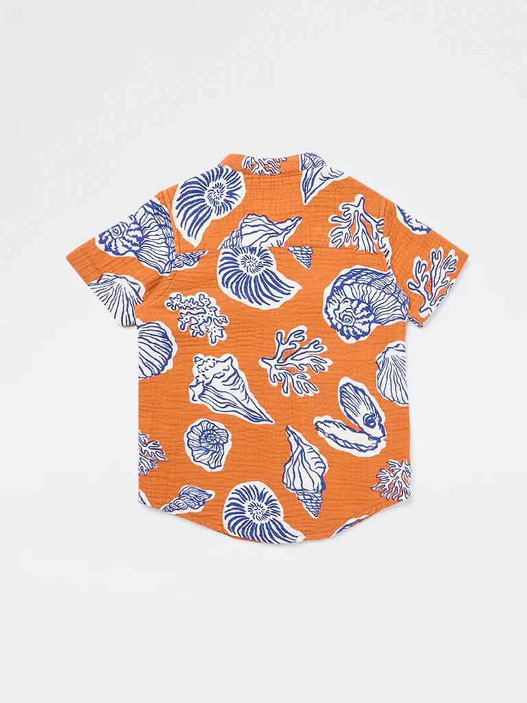 HOP Kids Boys Orange Printed Cotton Shirt - Image 5