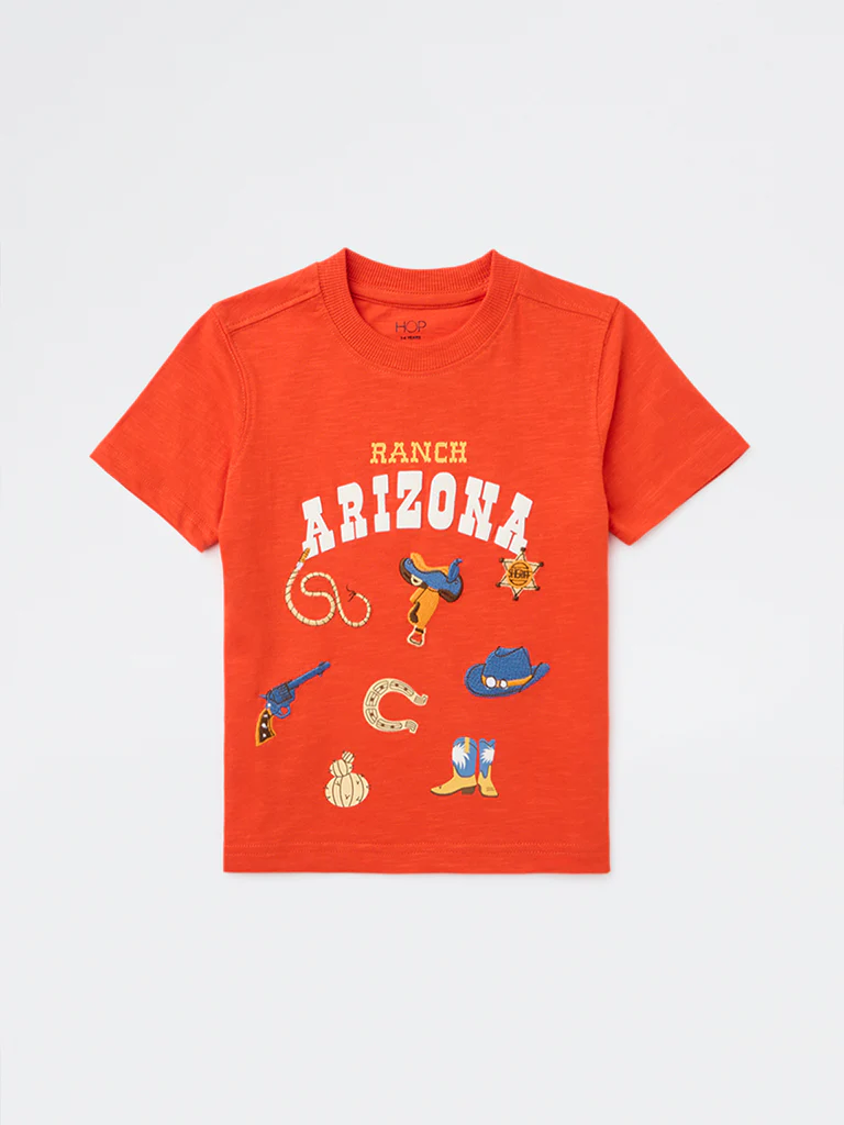 HOP Kids Boys Orange Printed Cotton T-Shirt - Image 3