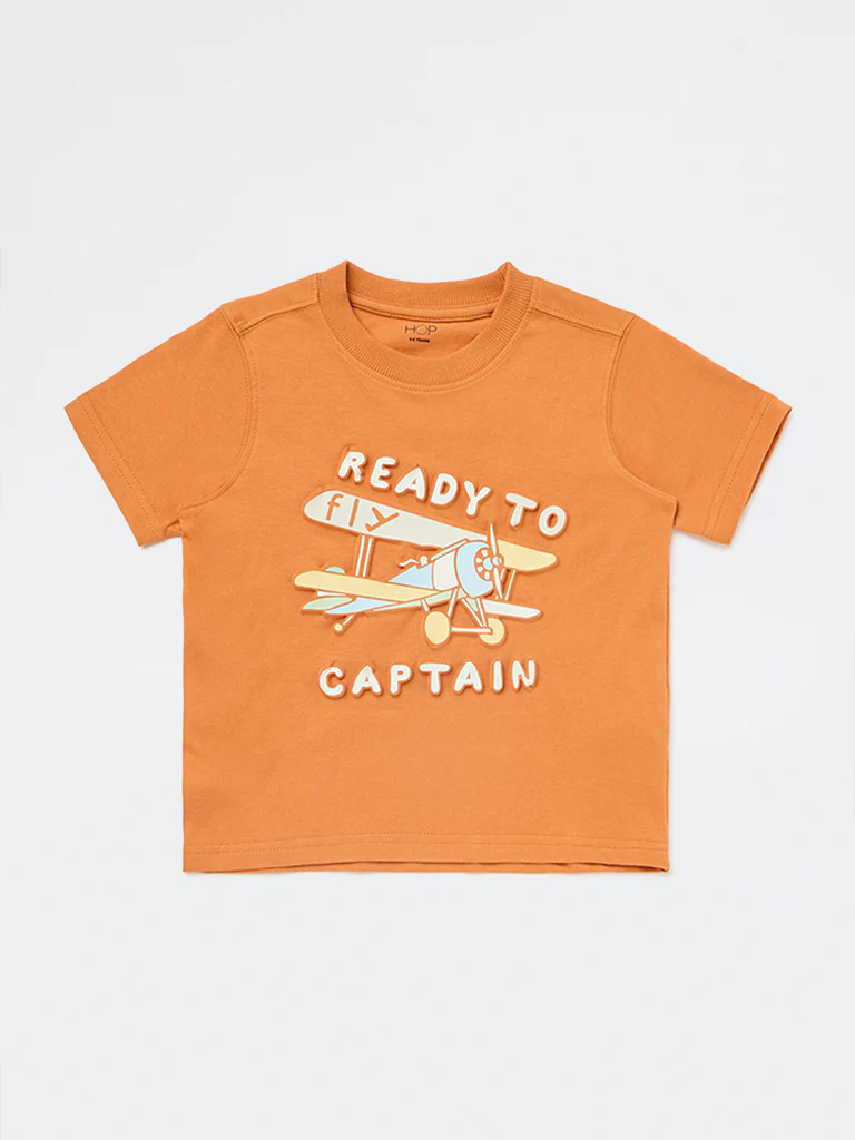 HOP Kids Boys Orange Printed Cotton T-Shirt - Image 3