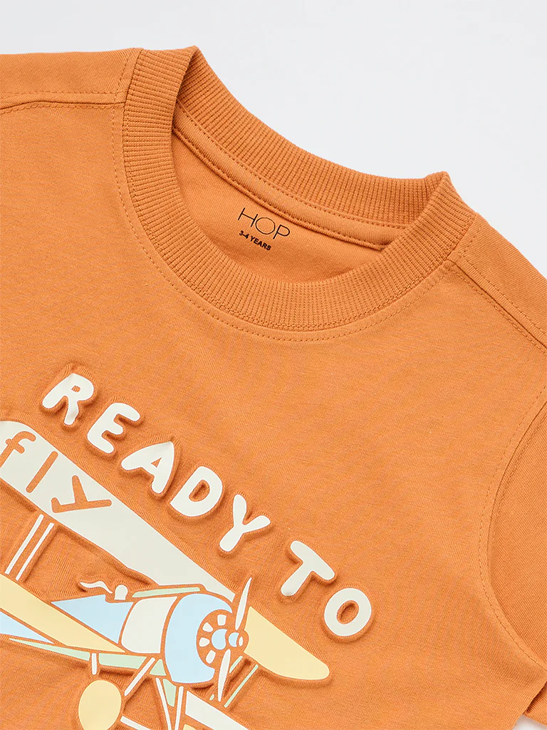 HOP Kids Boys Orange Printed Cotton T-Shirt - Image 5