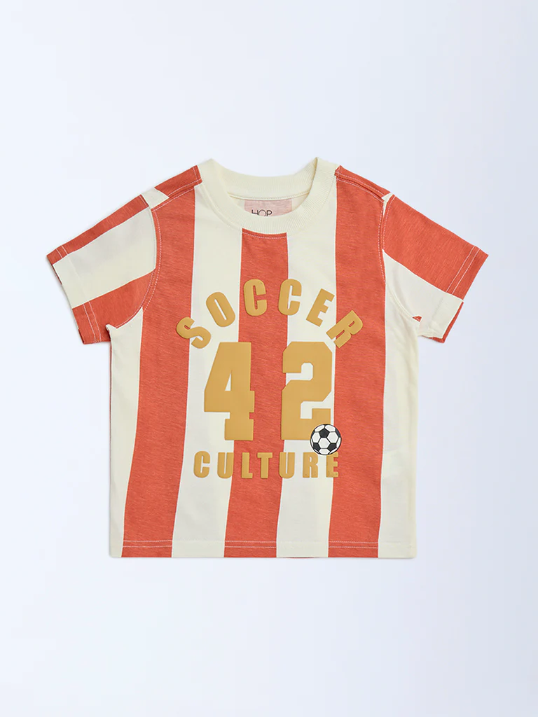 HOP Kids Boys Orange Striped Cotton T-Shirt - Image 4