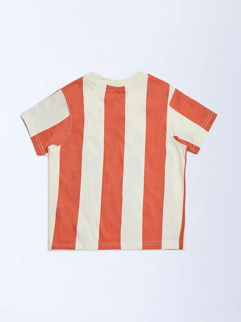 HOP Kids Boys Orange Striped Cotton T-Shirt - Image 5