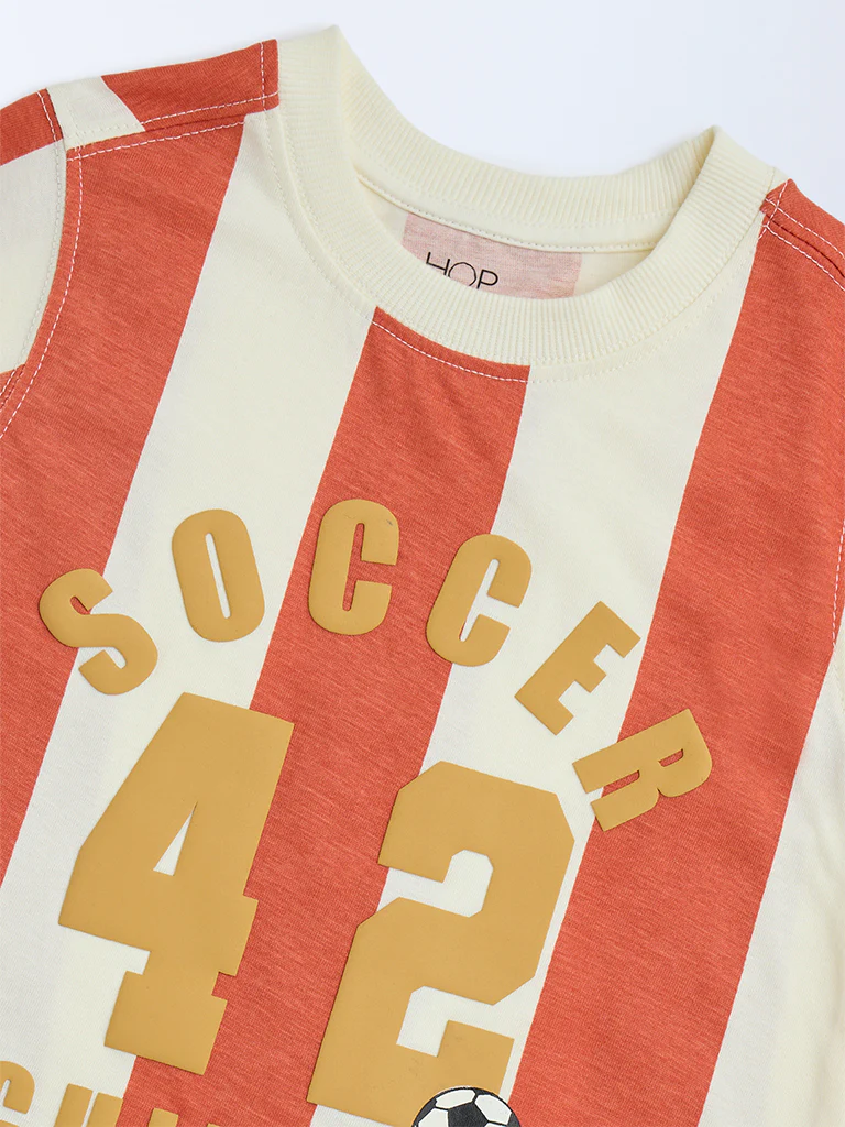 HOP Kids Boys Orange Striped Cotton T-Shirt - Image 6