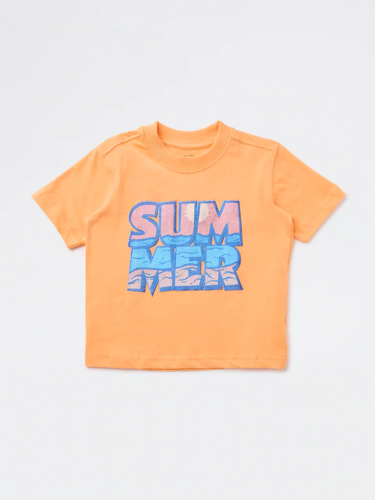 HOP Kids Boys Orange Text-Printed Cotton T-Shirt - Image 3