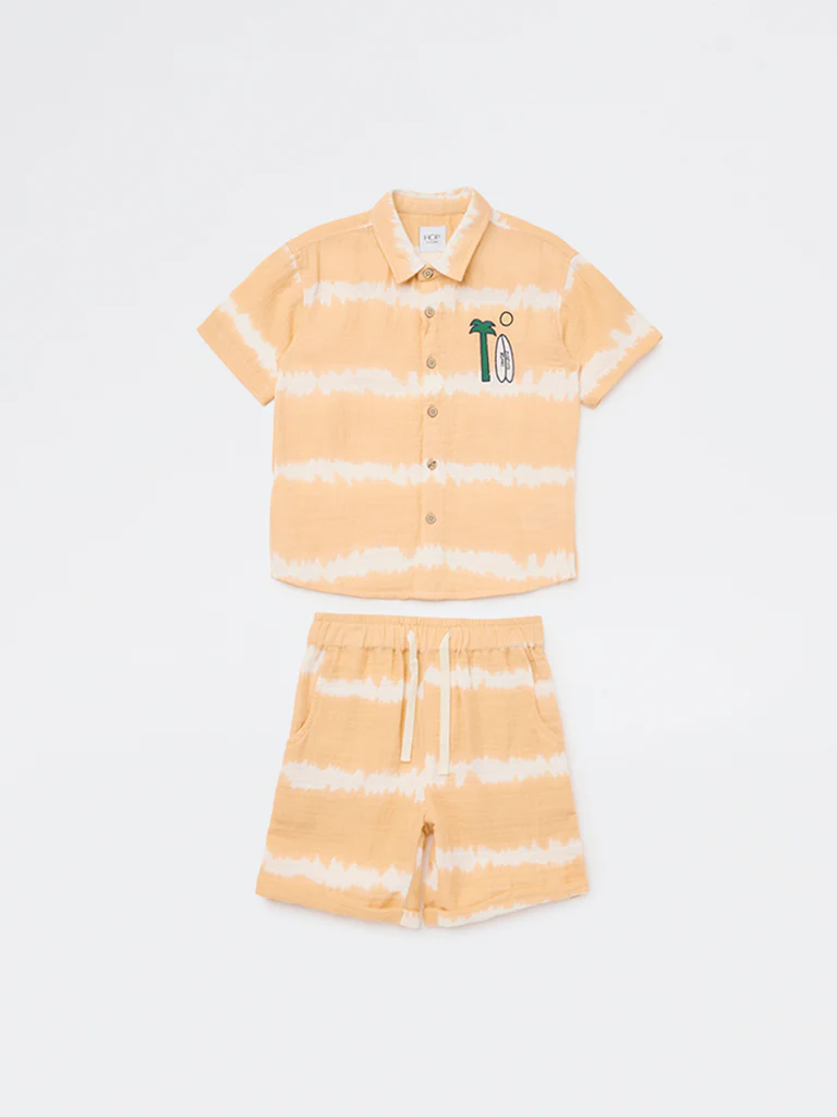 HOP Kids Boys Orange Tie-Dye Design Cotton Shirt and Shorts Set