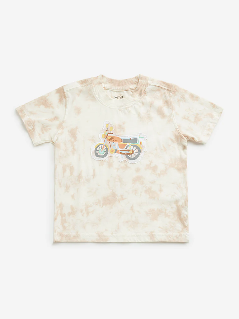 HOP Kids Boys Peach Tie-Dye Motorcycle Design Cotton T-Shirt