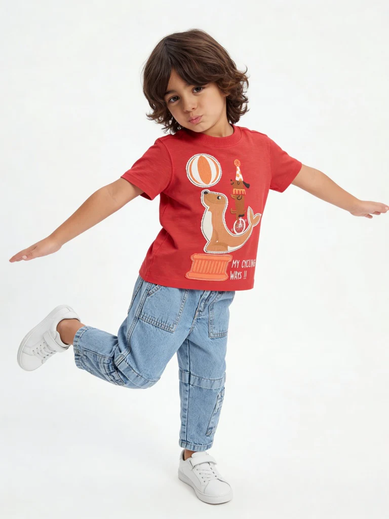 HOP Kids Boys Red Animal Embroidered Cotton T-Shirt