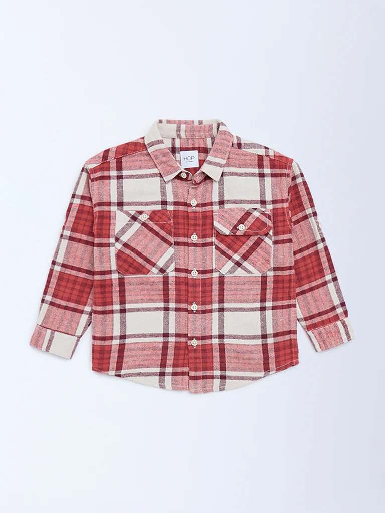 HOP Kids Boys Red Checkered Cotton Shirt - Image 3