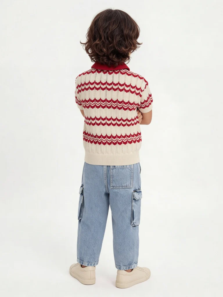 HOP Kids Boys Red Chevron Printed Cotton T-Shirt - Image 2