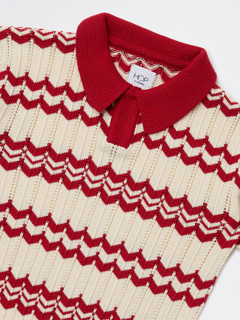 HOP Kids Boys Red Chevron Printed Cotton T-Shirt - Image 5