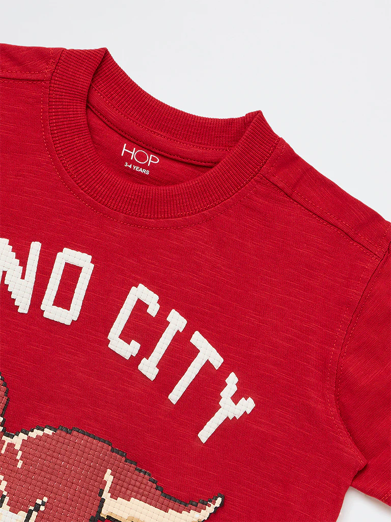 HOP Kids Boys Red Dinosaur Printed Cotton T-Shirt - Image 6