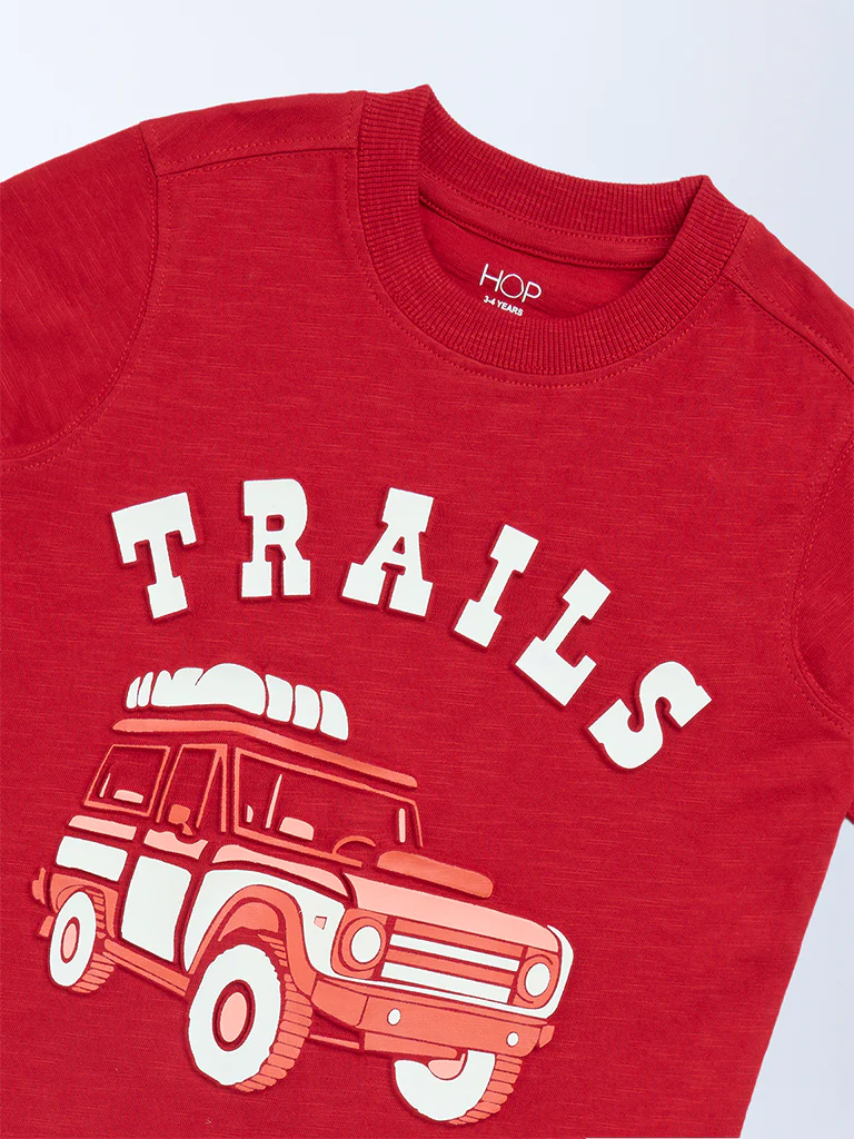 HOP Kids Boys Red Embossed Cotton T-Shirt - Image 5