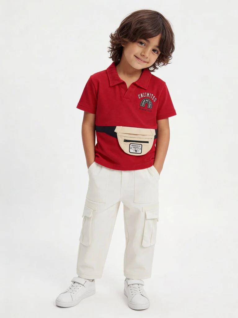 HOP Kids Boys Red Pouch Detailed Cotton T-Shirt