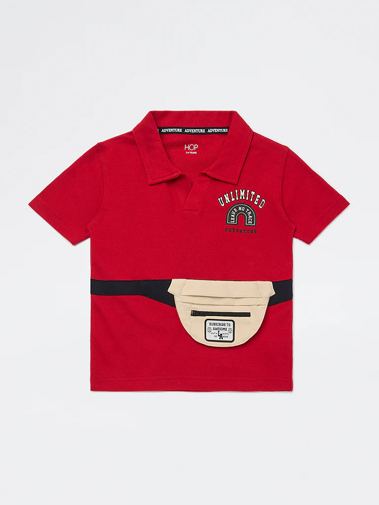 HOP Kids Boys Red Pouch Detailed Cotton T-Shirt - Image 3