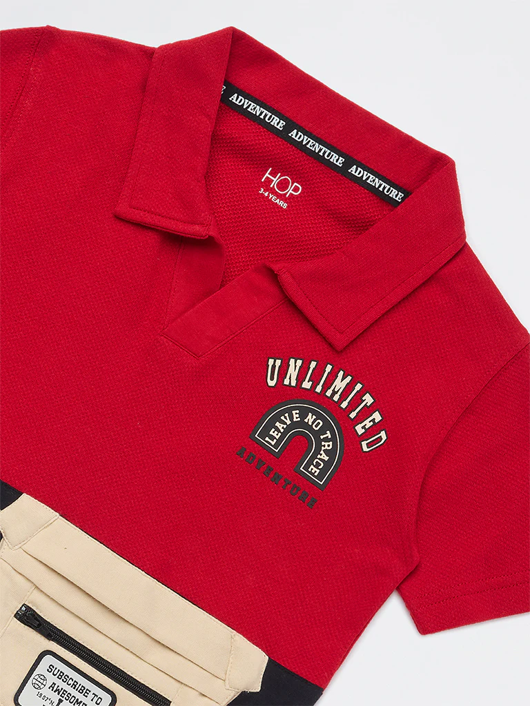 HOP Kids Boys Red Pouch Detailed Cotton T-Shirt - Image 5
