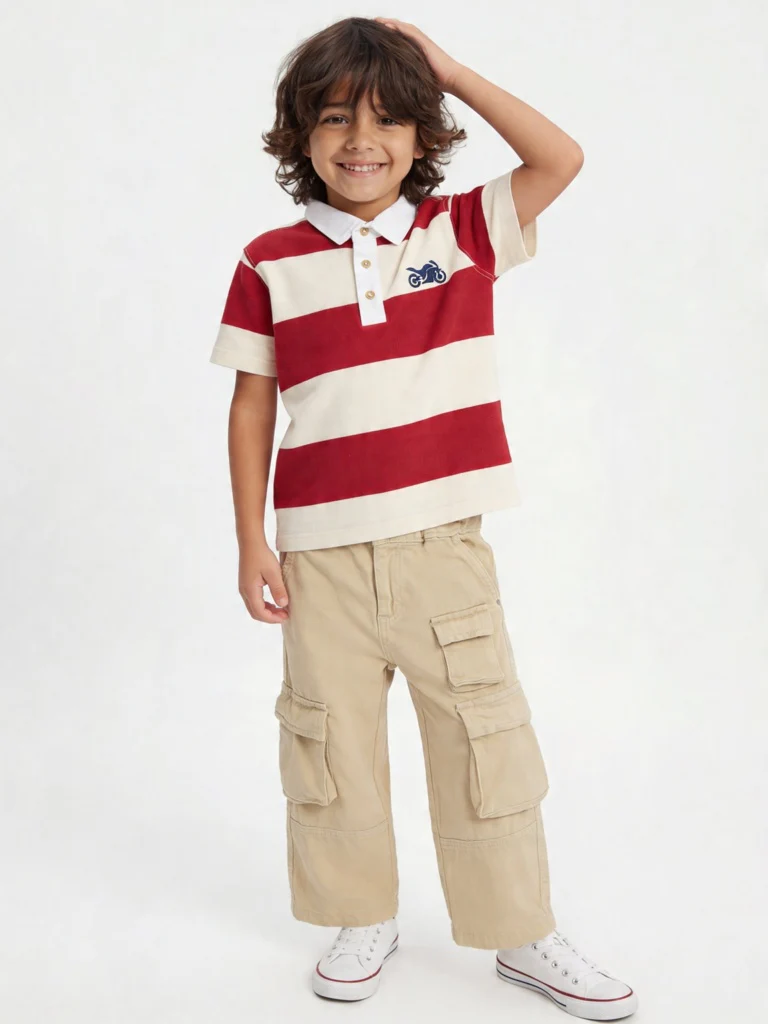 HOP Kids Boys Red Striped Cotton Polo T-Shirt