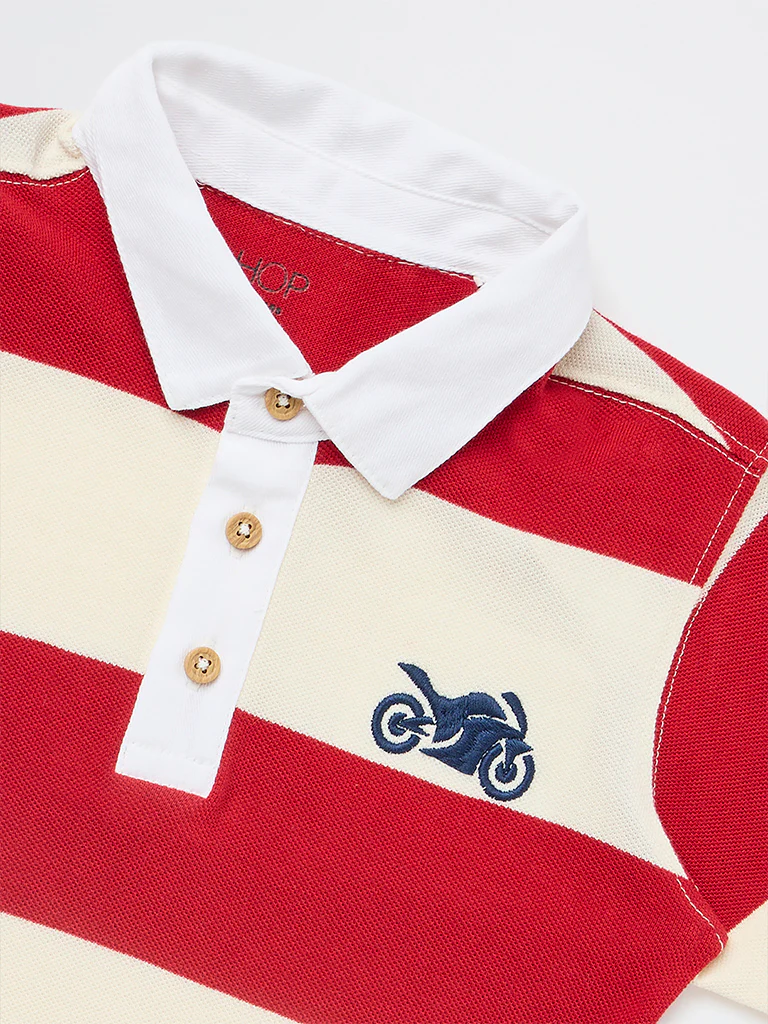 HOP Kids Boys Red Striped Cotton Polo T-Shirt - Image 6