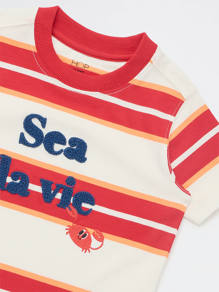 HOP Kids Boys Red Striped Cotton T-Shirt - Image 6