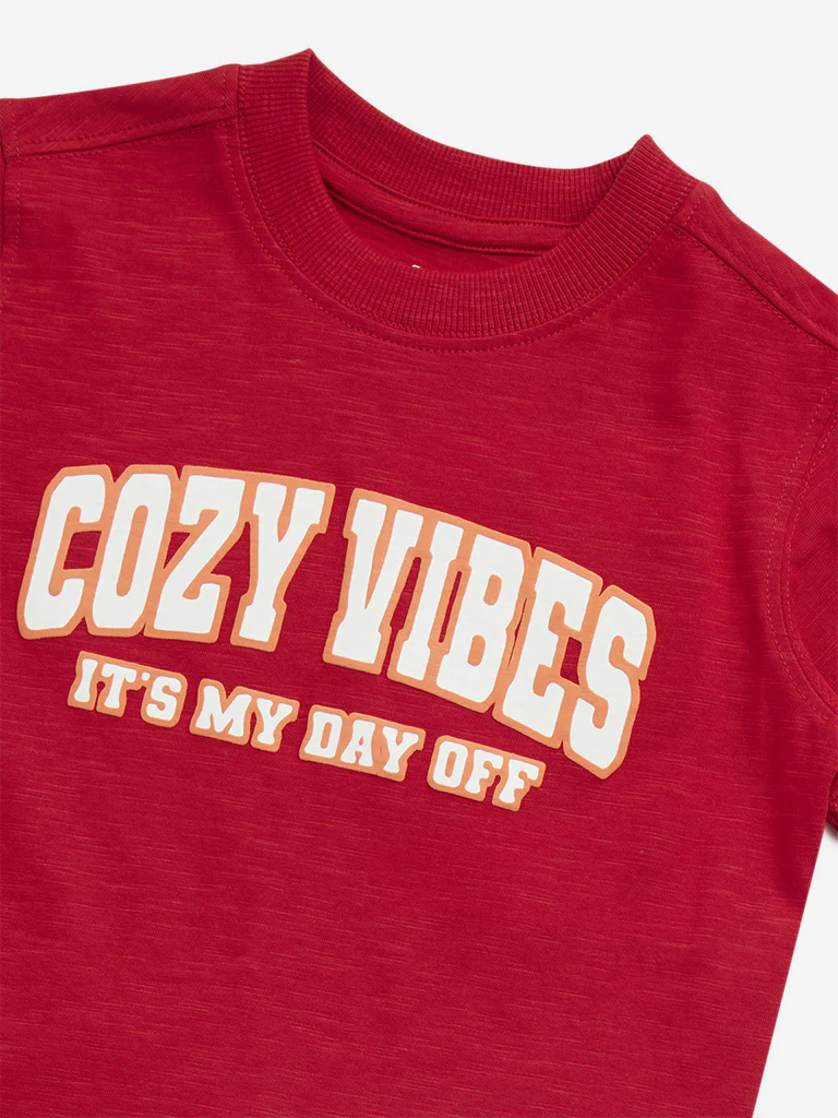 HOP Kids Boys Red Text Printed Cotton T-Shirt - Image 3