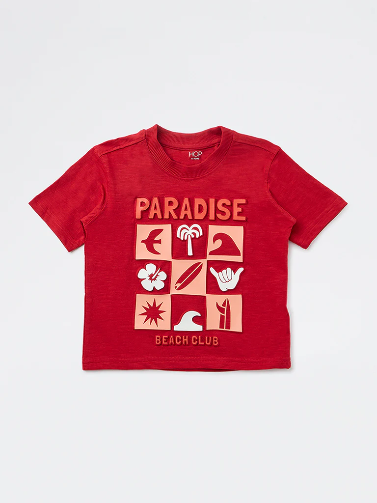 HOP Kids Boys Red Text-Printed Cotton T-Shirt - Image 4