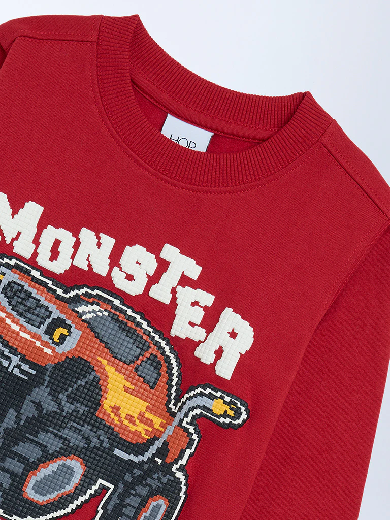 HOP Kids Boys Red Truck Printed Cotton-Blend Sweatshirt - Image 6