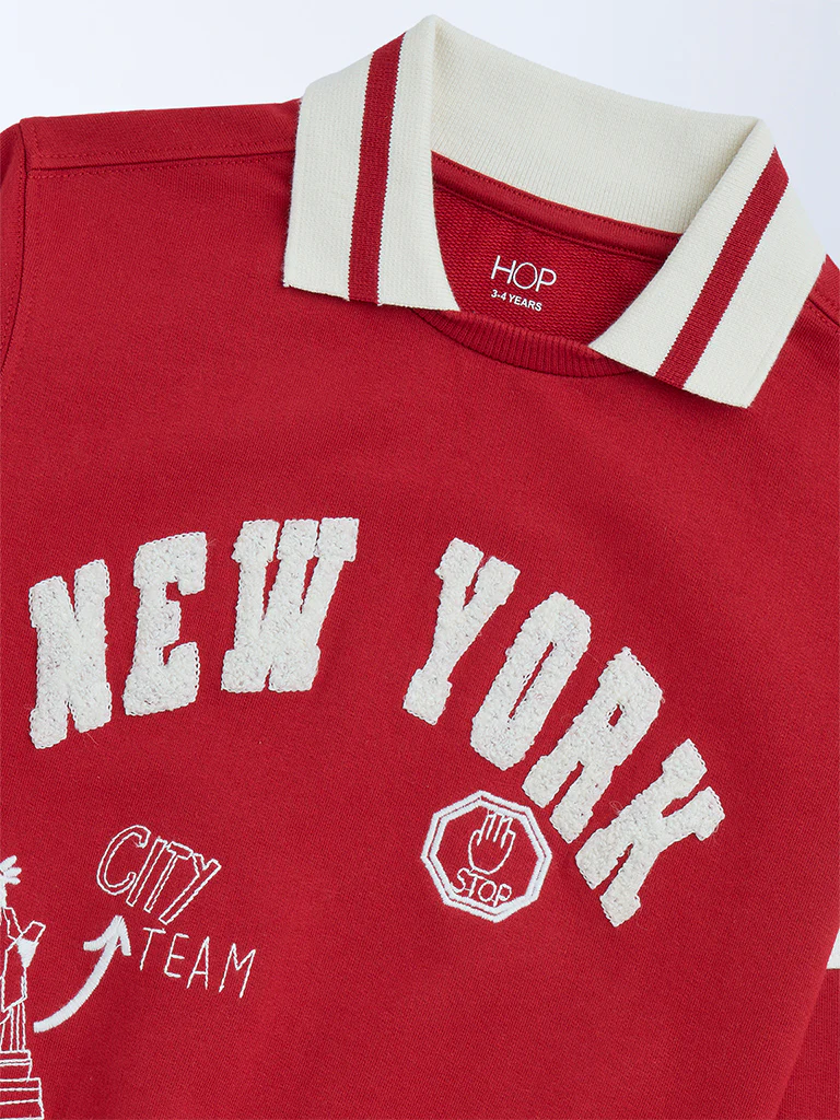 HOP Kids Boys Red Typographic Cotton Sweatshirt - Image 6