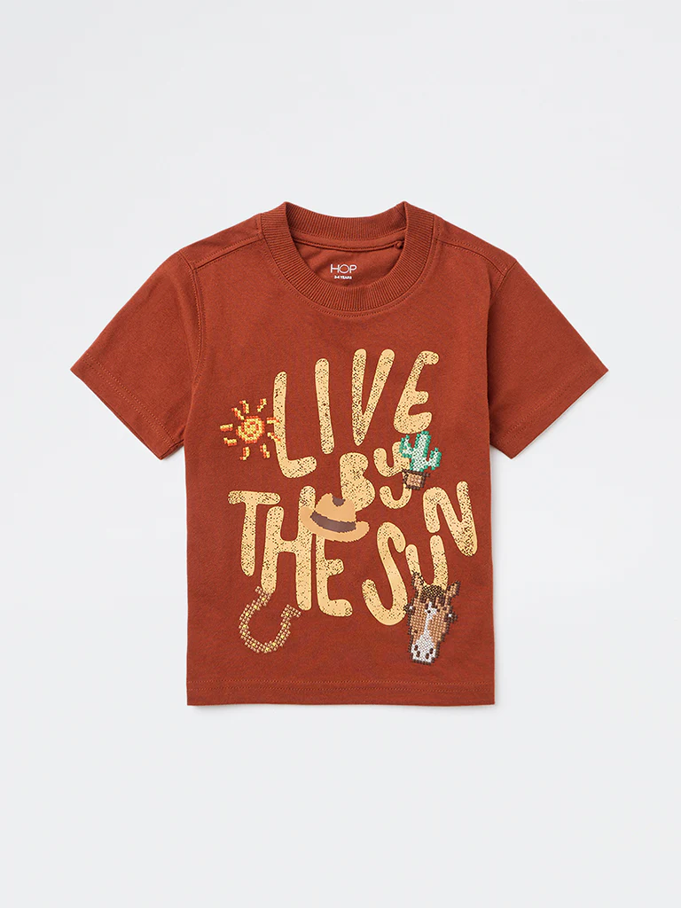 HOP Kids Boys Rust Text Pattern Cotton T-Shirt - Image 3