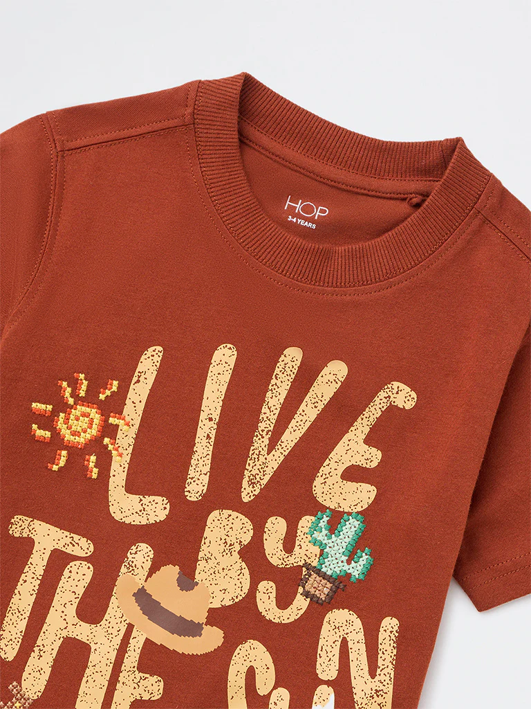 HOP Kids Boys Rust Text Pattern Cotton T-Shirt - Image 5