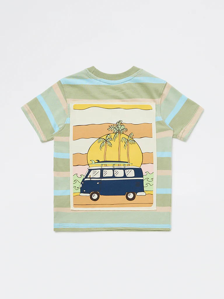 HOP Kids Boys Sage Green Striped Cotton T-Shirt - Image 5