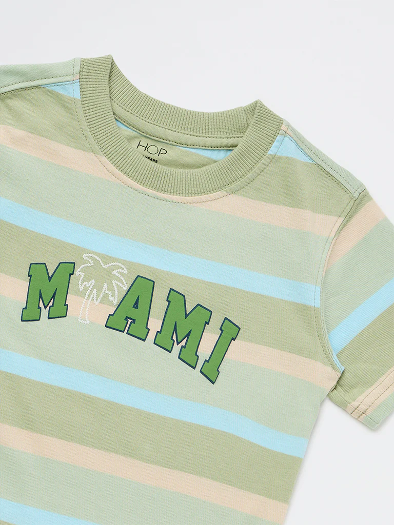 HOP Kids Boys Sage Green Striped Cotton T-Shirt - Image 6