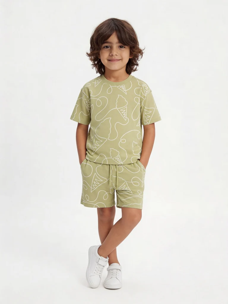 HOP Kids Boys Sage Printed Cotton T-Shirt and Shorts Set