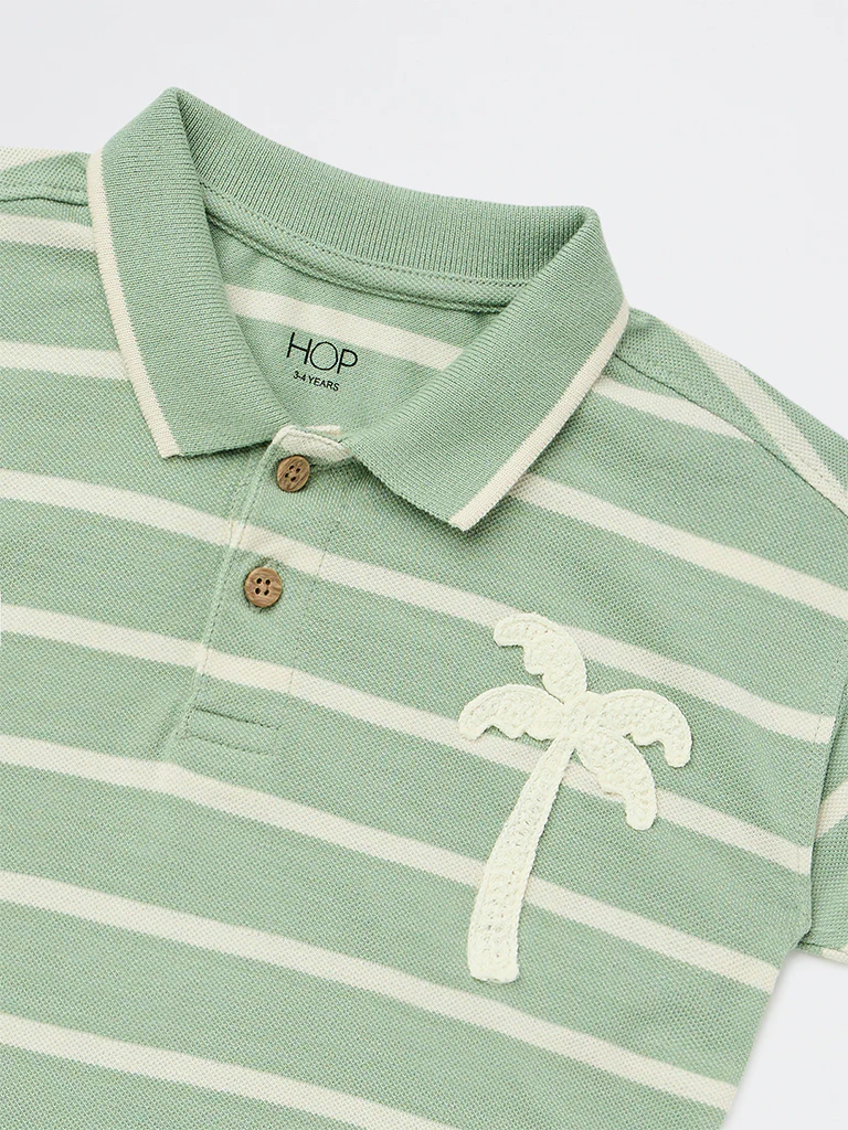 HOP Kids Boys Sage Stripe Printed Cotton Polo T-Shirt - Image 6