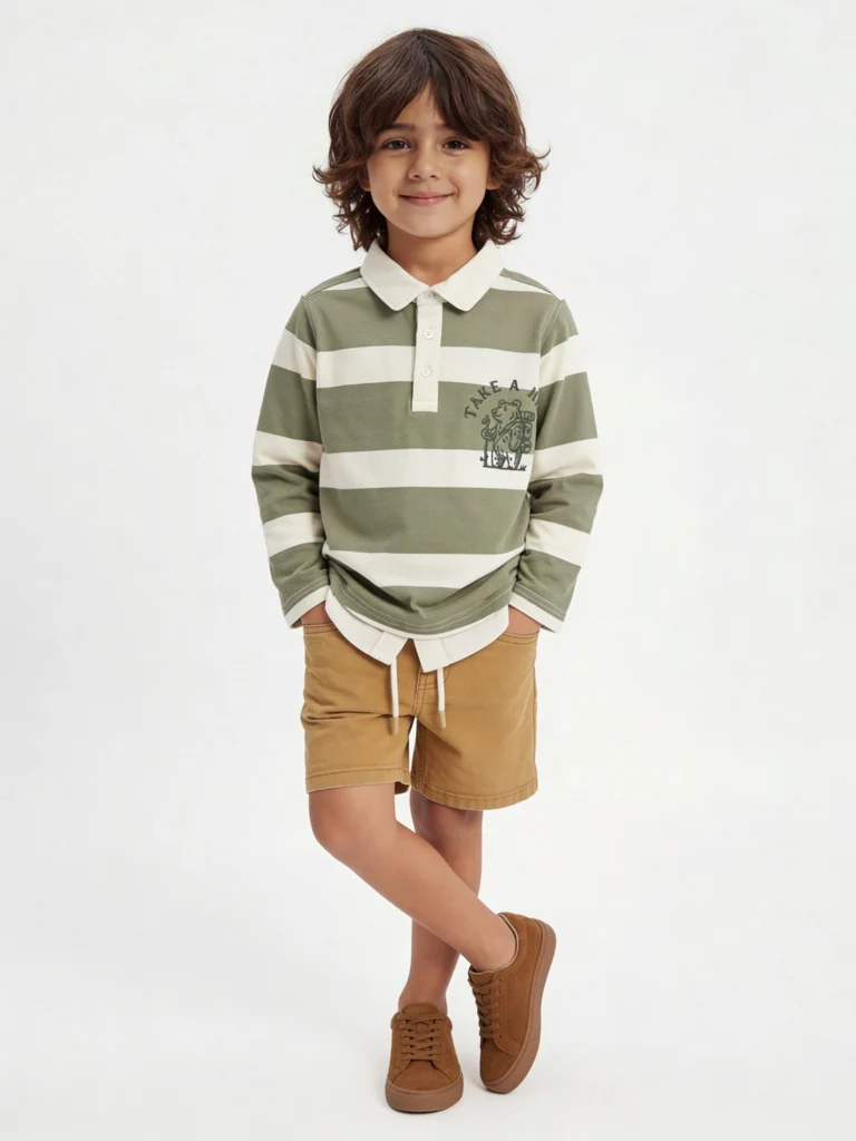 HOP Kids Boys Sage Striped Cotton Polo T-Shirt