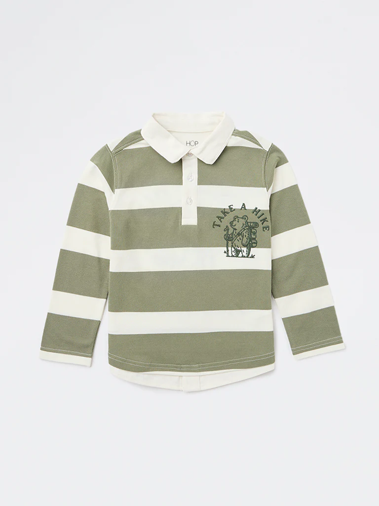 HOP Kids Boys Sage Striped Cotton Polo T-Shirt - Image 4