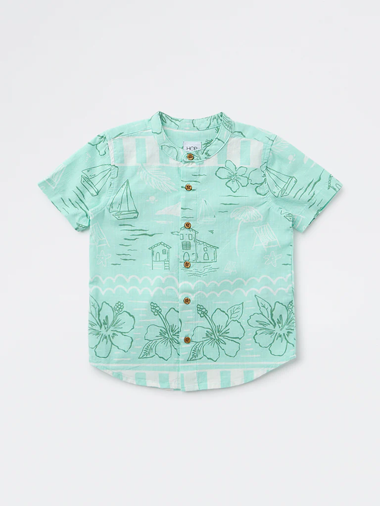 HOP Kids Boys Sea Green Printed Cotton Shirt - Image 3