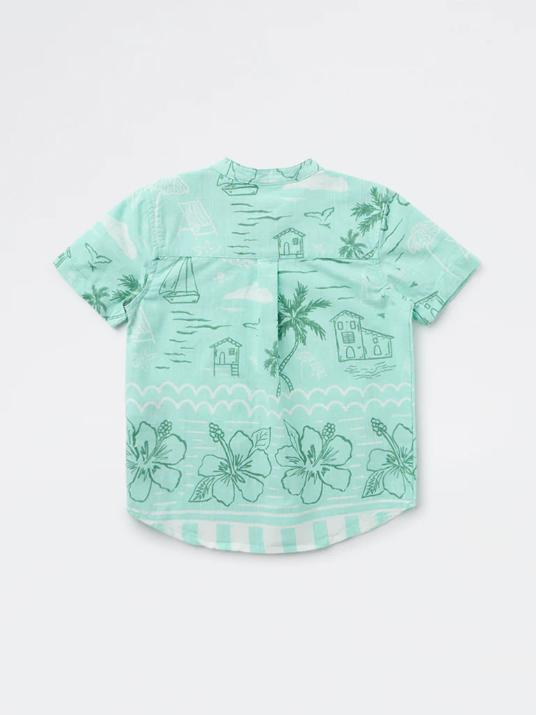 HOP Kids Boys Sea Green Printed Cotton Shirt - Image 4
