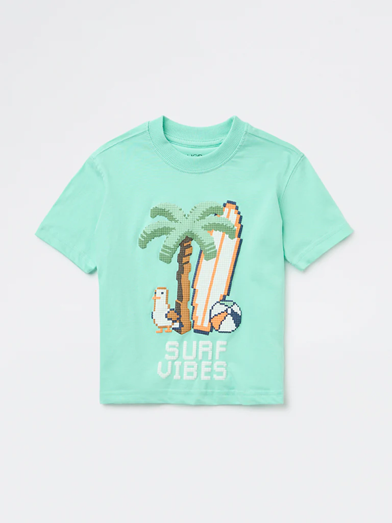 HOP Kids Boys Sea Green Printed Cotton T-Shirt - Image 4